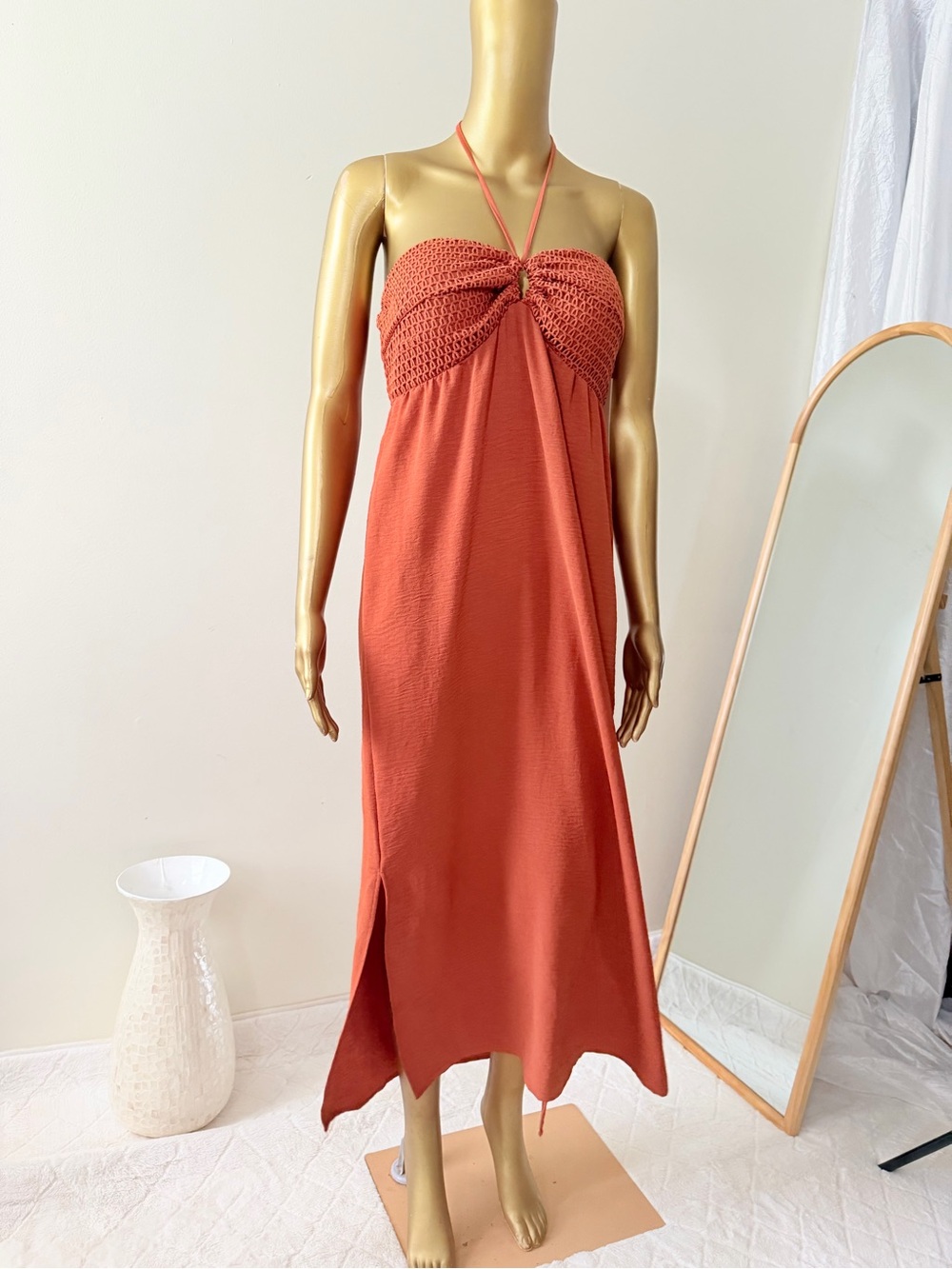 No Boundaries Rust Halter Crochet Bust Maxi Dress